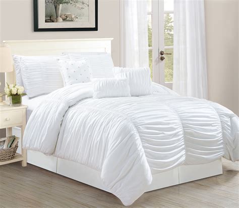 Wpm 7 Piece Royal White Ruched Comforter Set Elegant Bed In A Bag Luxurious Queen Size Bedding