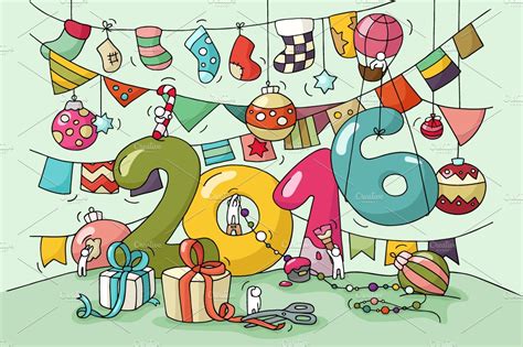 Cartoon 2016 Happy New Year Eve Card ~ Illustrations ~ Creative Market