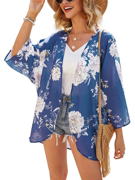 Women Beach Bikini Cover Up Vintage Floral Print Kimono Cardigan Holiday Shawl Kimono Kaftan