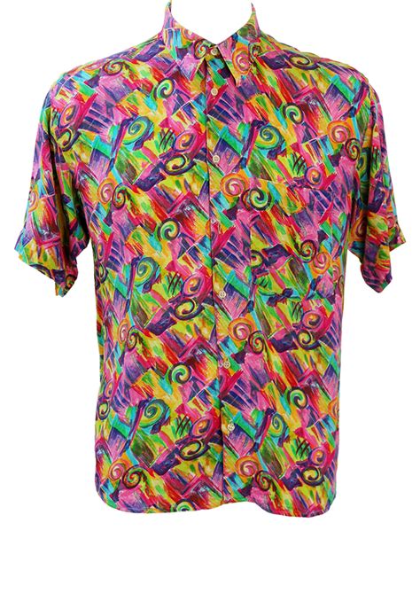 Vintage 90s Short Sleeved Shirt With Bright Multicoloured Abstract Swirl Pattern Ml Reign