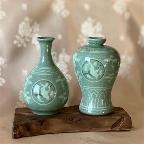 Korean Traditional Celadon Vase Set With Cranes And Clouds Etsy