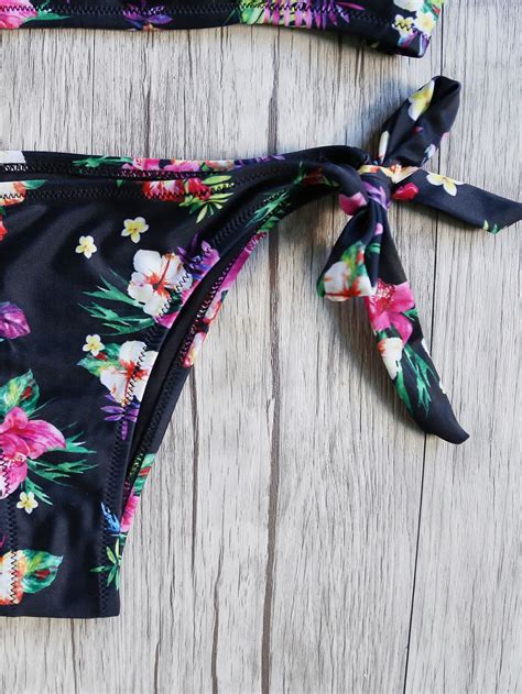 Black Floral Print Halter Neck Side Tie Bikini Set Sheinsheinside