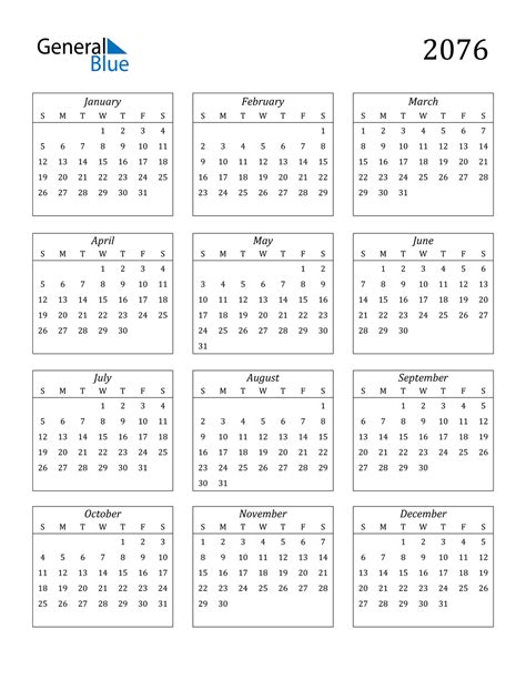 2076 Calendar Pdf Word Excel