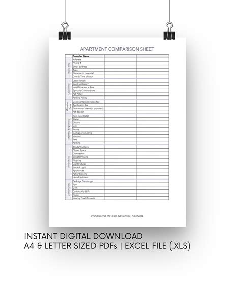 Apartment Comparison Worksheet Housing Search Planner Rent Comparison