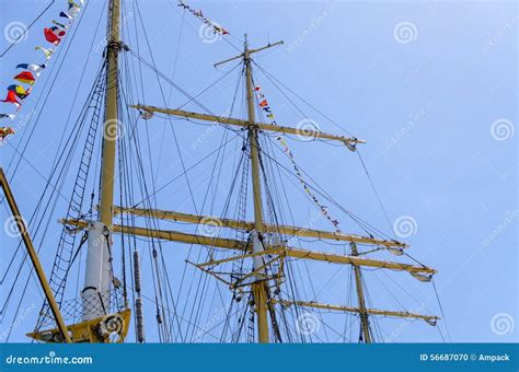 Masts And Furled Sails On An Old Wooden Sailing Ship Stock Photography