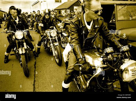 Greaser 1950s Rockers Gang On British Classic Bsa Norton Motorcycles At