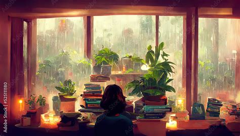 Lofi Girl Studying At Her Desk Rain Ourside Beautiful Chill