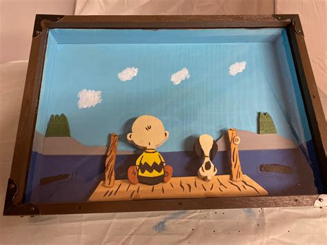 Wooden Shadow Box With Snoopy And Charlie Brown At The Lake