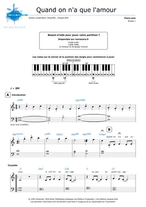 Piano Sheet Music Quand On Na Que Lamour Jacques Brel Noviscore