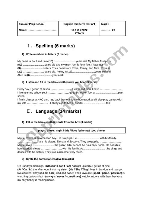 Mid Term Test N°1 Esl Worksheet By Soussi74