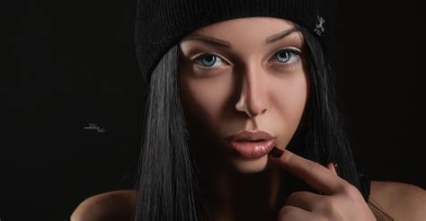 Baggrunde ansigt Kvinder model portræt Sort baggrund langt hår blå øjne briller