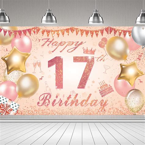 17th Birthday Banner Rose Gold Extra Large Fabric Happy Seventeenth