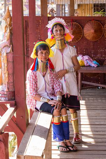 Two Padaung Longneck Tribe Woman Inle Lake Myanmar Burma Stock Photo