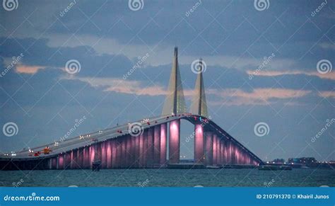 The Bob Graham Sunshine Skyway Bridge Illuminated Before Sunset Near St Petersburg Florida U S