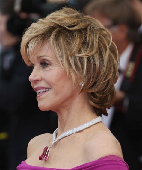 We will be glad to have your feedback there are very important for us. Jane Fonda Short Straight Blonde Hairstyle with Layered Bangs
