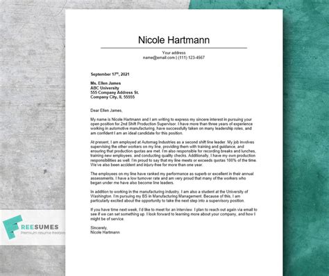 Cover Letter Example For A Supervisor Freesumes