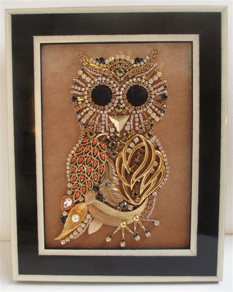 Jeweled Framed Jewelry Art Owl Bird Vintage Gold Beige Detailed