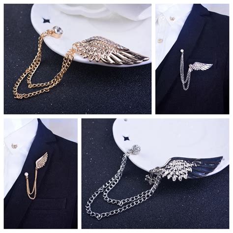 New Fashion Yellow Gold Love Angel Wings Tassel Crystal Brooch Pin Jewelry Suit Collar Pins Men