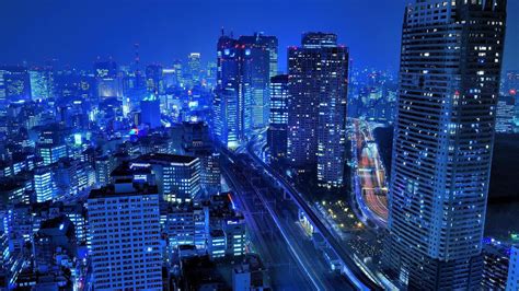 Light Japan Blue Tokyo Cityscapes Night Buildings Roads