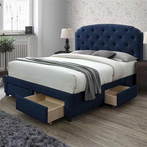 DG Casa Argo Tufted Upholstered Panel Bed Frame With Storage Drawers And Nailhead Trim Headboard