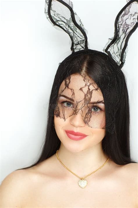 Girl Lace Mask With Bunny Ears Stock Photo Image Of Fashion Happy