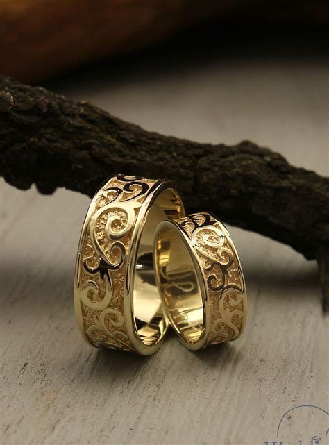 Unusual Couple Wedding Bands Set Made In 14k Solid Yellow Etsy In