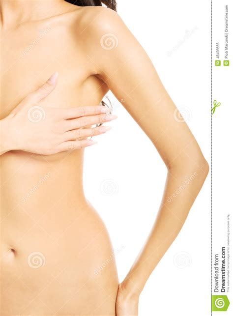 Vista Delantera De La Mujer Desnuda Que Examina Su Pecho Foto De Archivo Imagen De Modelo
