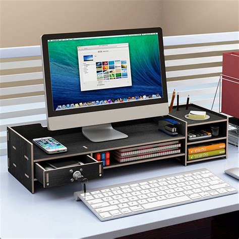 Multi Function Desktop Monitor Stand Computer Laptop Screen Riser Wood
