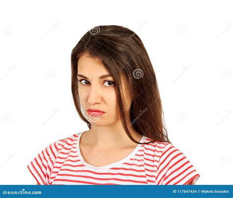 Portrait Of Girl Frown Her Face In Displeasure Emotional Girl Isolated