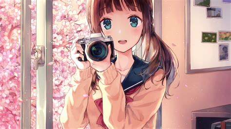 Download Wallpaper 2048x1152 Anime Girl Camera Photography Dual Wide