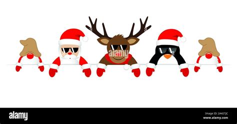 Cute Santa Reindeer Penguin And Gnomes With Sunglasses Christmas Banner Vector Illustration