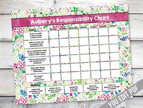 Chore chart printable, Kids chore chart, Floral Art Reward Chart, Responsibility Chart, Weekly 