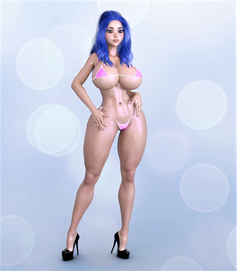 Rule 34 3d Adn700 Aki Blue Hair High Heels Hourglass Figure Large Breasts Micro Bikini