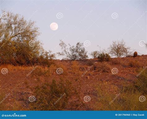 Moonrise Over Sonoran Desert Landscape And Rugged Hills Near Phoenix