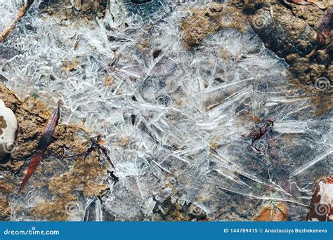 Ice Crystals Pattern Over Frozen Puddle On Spring River Stock Image