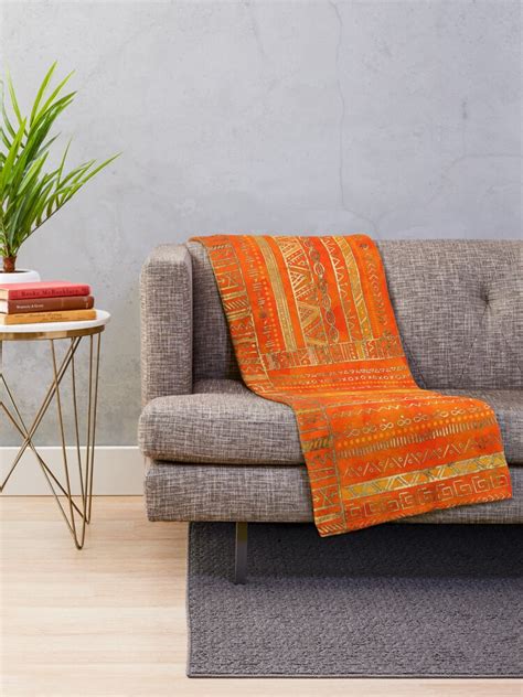 Tribal Ethnic Pattern Gold On Bright Orange Throw Blanket For Sale By