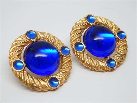 Royal Blue Cabochon Vintage Park Lane Earrings In Gold Tone Pierced