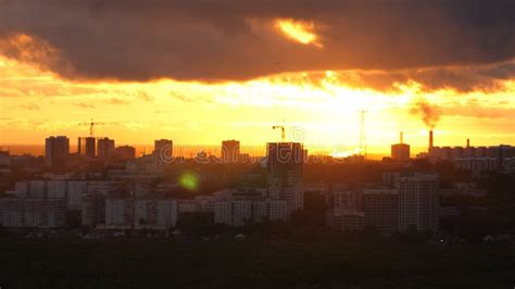 Sunset Over City Close Up On Modern Downtown Novosibirsk Skyline