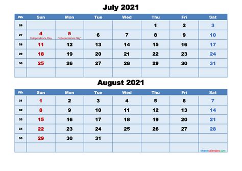 July And August 2021 Calendar With Holidays