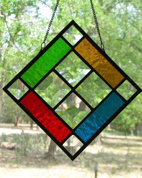 Geometric Stained Glass Panel 12 X 12 Etsy Stained Glass Stained