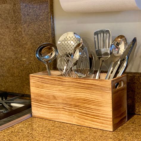 Utensil Holder In Rustic Wood For Kitchen Countertop And Cooking Tools
