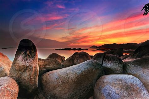 Beach Sea Landscape Rocks Sunrise Sun Singkawang Borneo Indonesia By
