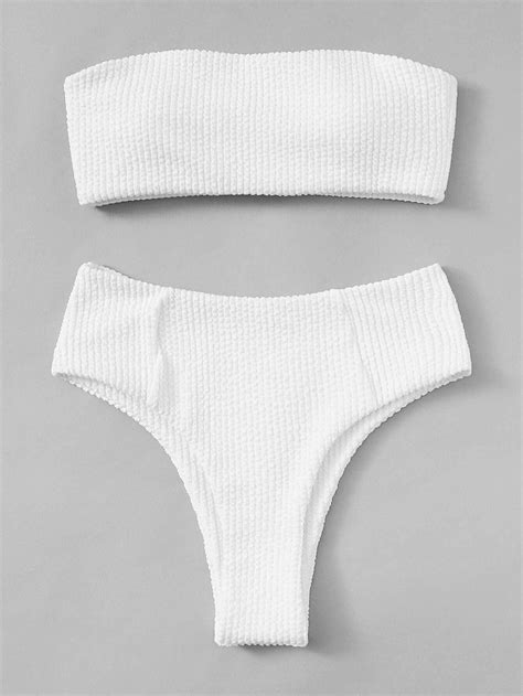 white shirred bandeau solid swimsuit top with high waist bikini bottom bikinis white bikinis
