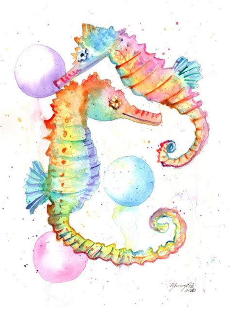 Rainbow Seahorses Original Watercolor Painting Seahorse Sealife Ocean