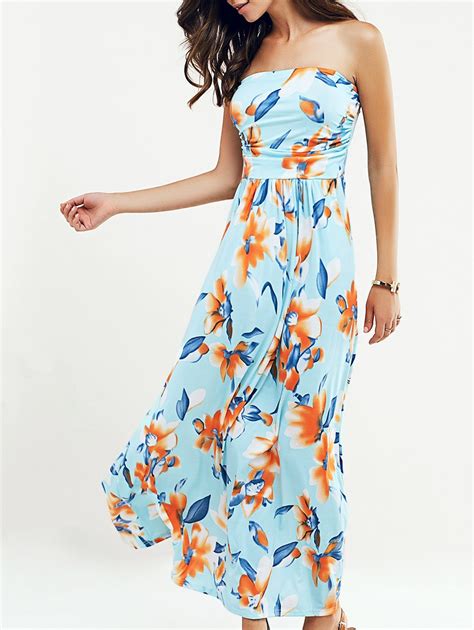 41 Off 2020 Beach Maxi Floral Bandeau Strapless Summer Dress In Light Blue Dresslily
