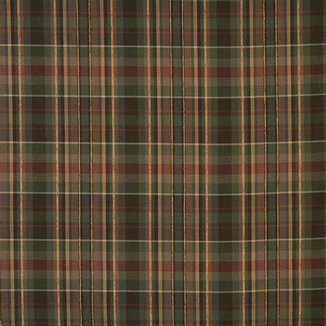 Brown Forest Green And Coral Country Plaid Linen Upholstery Fabric