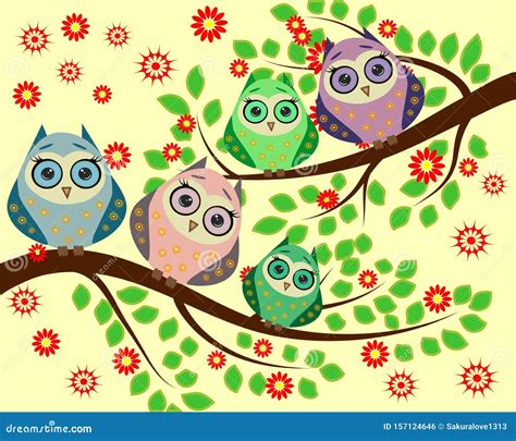 Cute Cartoon Owls On A Branch