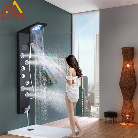 Quyanre Black Hydroelectricity Digital Display Shower Panel Column Led Rain Waterfall Shower 2