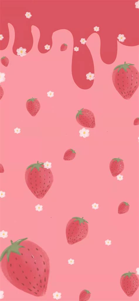 Aesthetic Strawberry Wallpaper With Strawberries And Daisies On A Pink