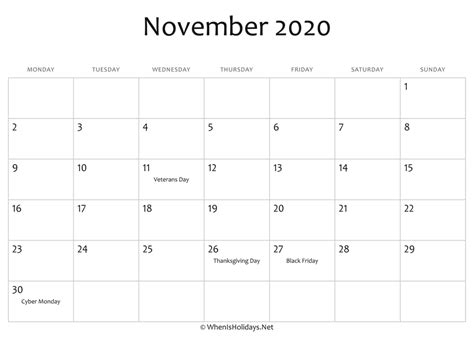 November 2020 Calendar Printable With Holidays Whenisholidaysnet